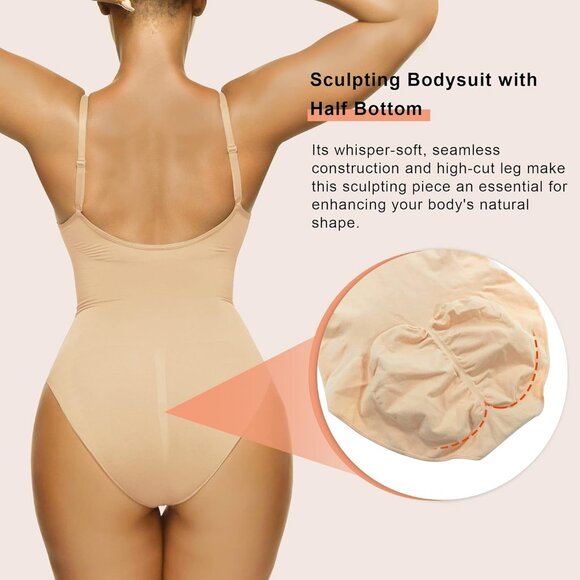 Women's Beige Brief Shapewear Tummy Control Body Shaper Snatching Body Suit - Picture 2 of 6